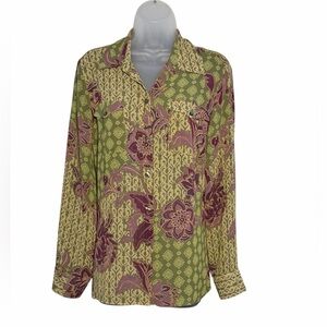 Vintage Evan Picone Green and Mauve Floral Button-Down Blouse